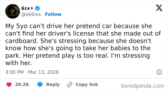 Screenshot of a humorous parent tweet about struggles in pretend play reflecting honest parenting challenges shared on X.