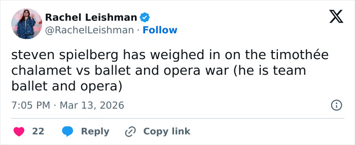Tweet discussing Steven Spielberg&rsquo;s opinion on Timoth&eacute;e Chalamet and the ballet and opera debate ahead of the Oscars.
