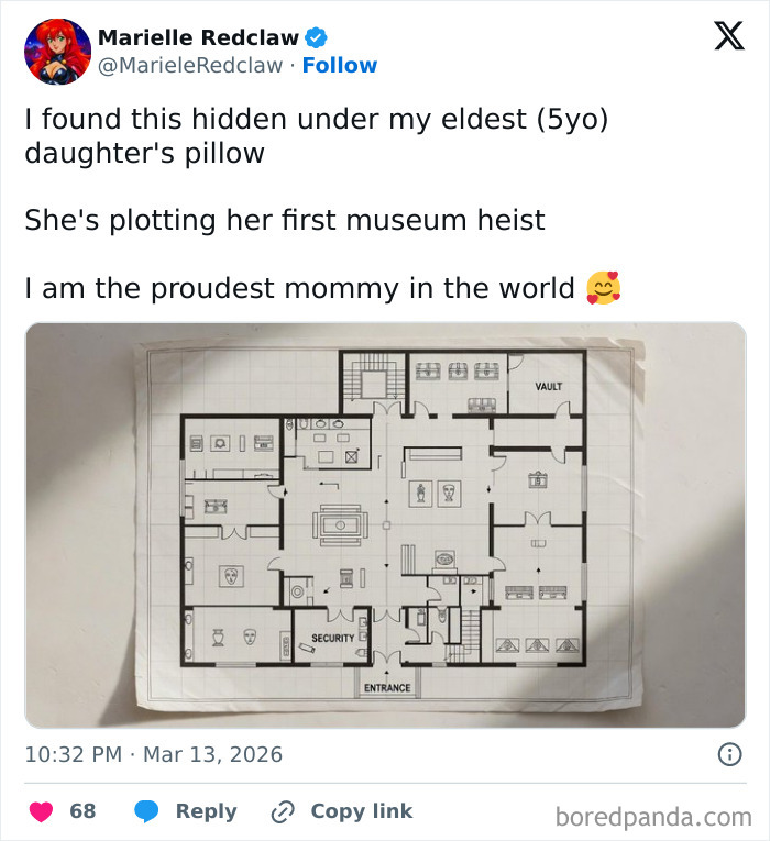 Screenshot of a parent’s social media post showing a child’s handwritten museum heist plan under a pillow.