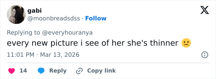 Tweet from a fan expressing concern over Anya Taylor-Joy&rsquo;s thinning appearance amid spreading Hollywood trend alarm.