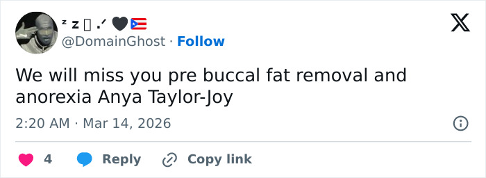 Tweet critiquing Anya Taylor-Joy&rsquo;s pre-Oscars appearance, highlighting concerns about a spreading Hollywood trend.