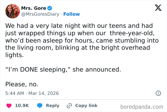 Screenshot of a tweet from parents sharing honest struggles of parenting late nights with young children.