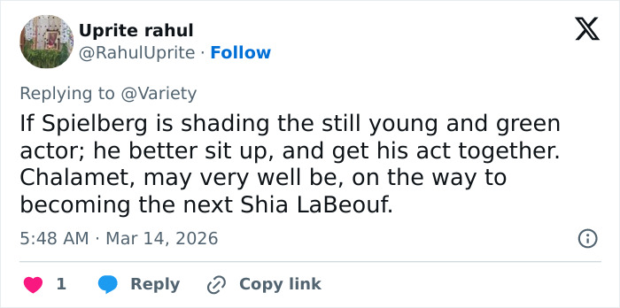 Twitter reply discussing Spielberg slamming Timoth&eacute;e Chalamet, questioning if anyone saw him as a sage before this.