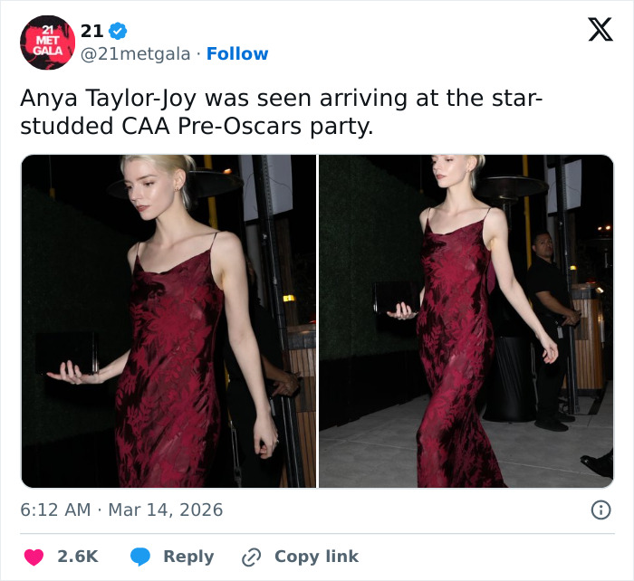 Anya Taylor-Joy at pre-Oscars dinner, sparking fan concern over spreading Hollywood trend in a red dress.