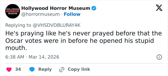 Screenshot of a Twitter reply from Hollywood Horror Museum commenting on Oscar votes and Timoth&eacute;e Chalamet.