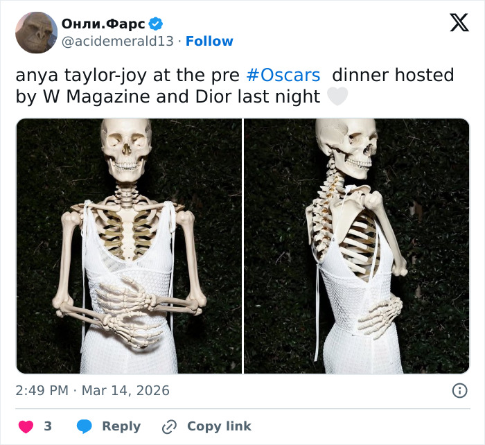 Skeleton mannequin dressed in a white dress at pre-Oscars dinner, highlighting a spreading Hollywood trend.