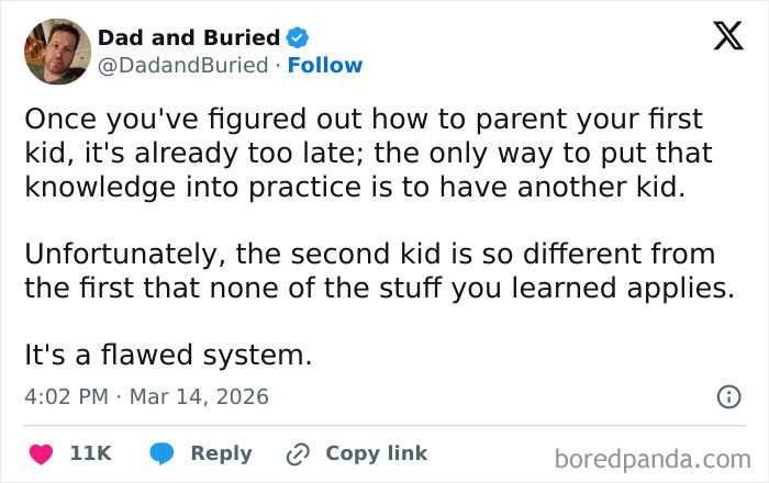 Tweet about honest parenting struggles, sharing funny and relatable experiences from parents on X in March 2026.