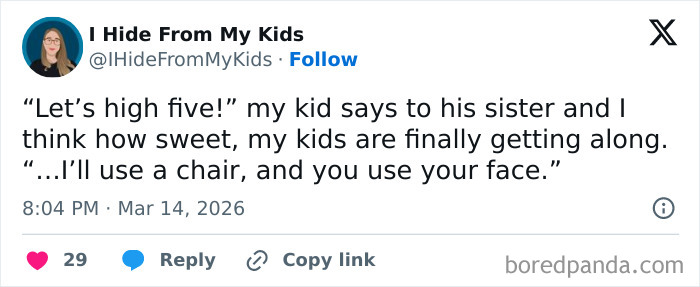 Tweet from I Hide From My Kids sharing a funny and honest parenting moment about kids finally getting along but then fighting.