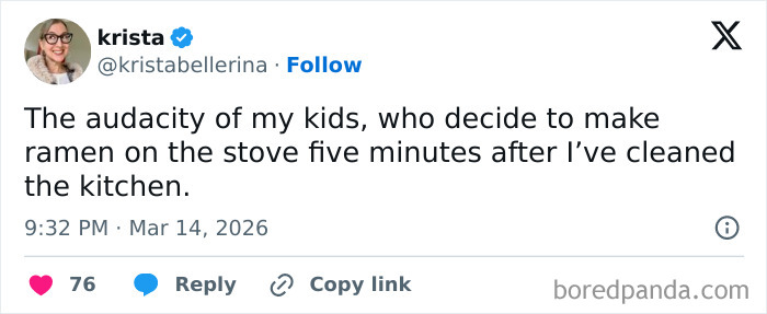 Tweet from a parent humorously sharing struggles of kids making ramen on the stove after cleaning the kitchen, highlighting honest parenting.