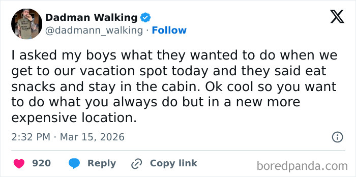 Tweet from Dadman Walking about kids wanting to eat snacks and stay in the cabin, highlighting honest parenting struggles.