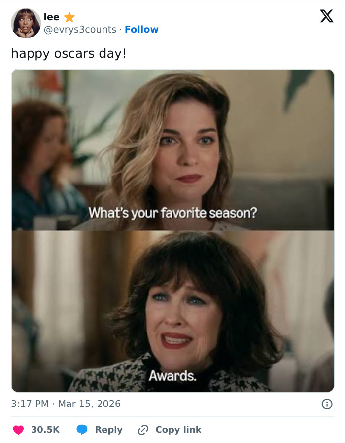 Two women in a meme with text about favorite season being awards, capturing Oscars memes and viewers' reactions humor.
