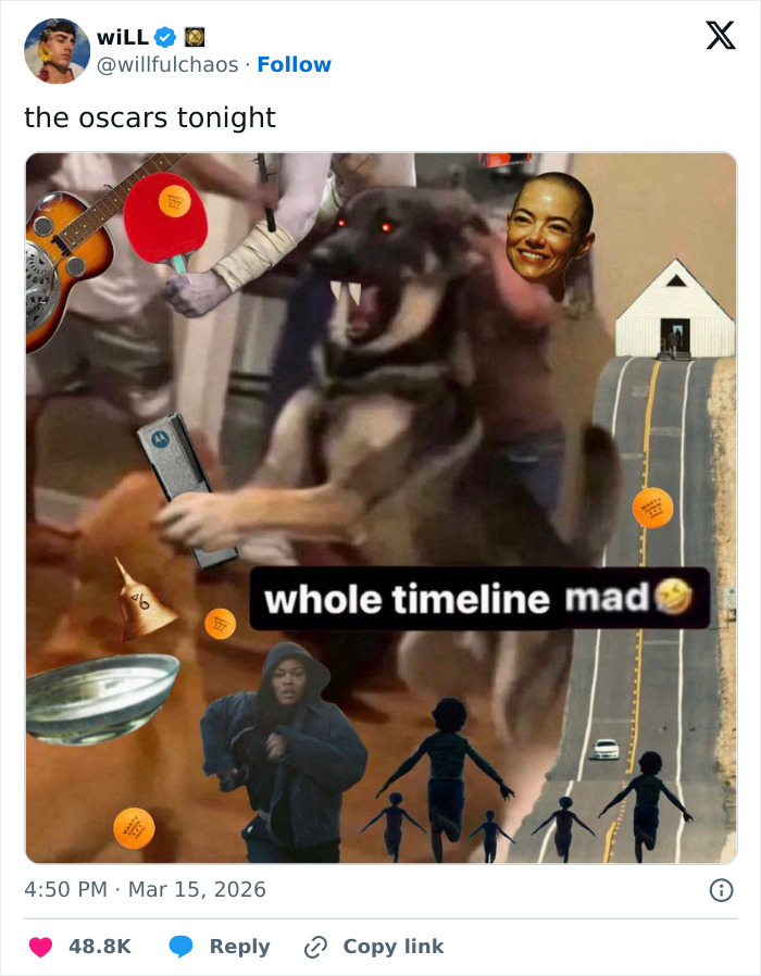 Meme collage featuring a chaotic dog, running figures, and humorous elements capturing Oscars memes and viewers' reactions.