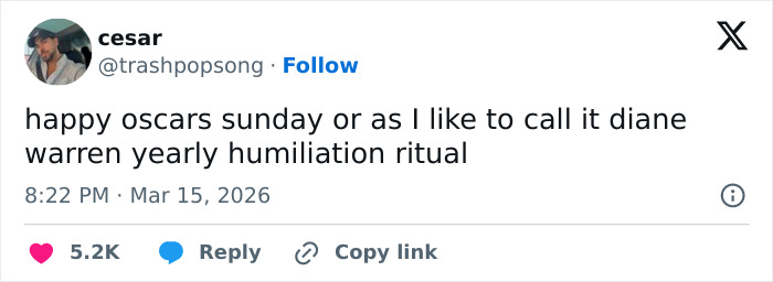 Tweet about Oscars Sunday humorously calling it a yearly humiliation ritual, reflecting Oscars memes and viewer reactions.