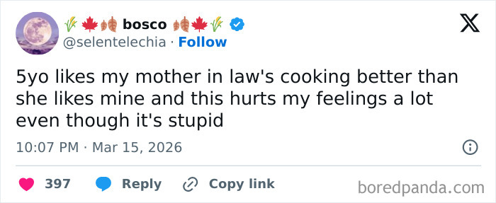 Screenshot of a tweet sharing a funny and honest parenting struggle about a child preferring mother-in-law's cooking.