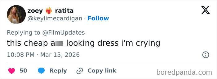 Tweet criticizing Kylie Jenner’s Oscars outfit, calling her dress cheap and sparking backlash over her style choice. Tweet criticizing Kylie Jenner’s Oscars outfit, calling her dress cheap and sparking backlash over her style choice.