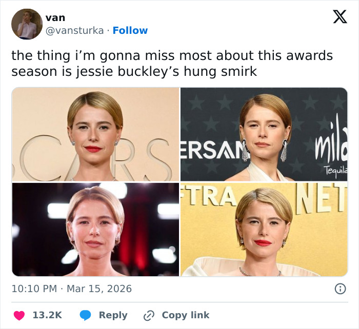Actress Jessie Buckley showing various smirks in a collage capturing memorable moments from the Oscars memes and reactions.