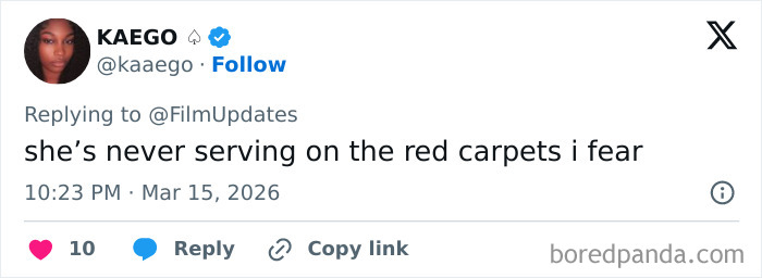 Screenshot of a tweet reacting to Kylie Jenner’s Oscars outfit, discussing backlash over her style on the red carpet. Screenshot of a tweet reacting to Kylie Jenner’s Oscars outfit, discussing backlash over her style on the red carpet.