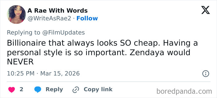 Screenshot of a tweet criticizing Kylie Jenner’s Oscars outfit, highlighting backlash over her inappropriate style choice. Screenshot of a tweet criticizing Kylie Jenner’s Oscars outfit, highlighting backlash over her inappropriate style choice.