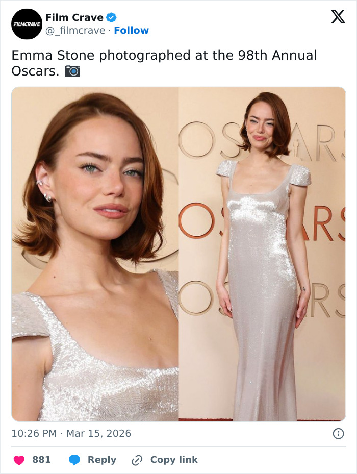 Actress Maude Apatow wearing a shimmering gown at an Oscars party with a subtle disturbing detail noticed by people.