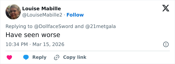 User Louise Mabille replying to a tweet with a comment saying have seen worse, timestamped March 15, 2026 at 10:34 PM.