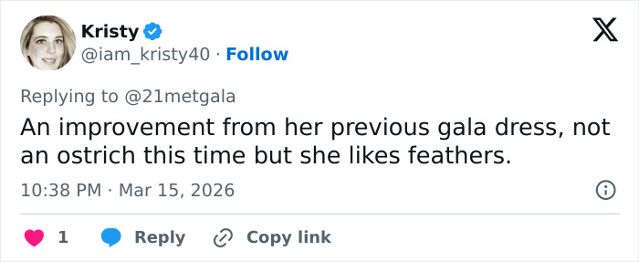 Tweet from stylist Kristy commenting on Demi Moore&rsquo;s Oscars look, highlighting a scary feather detail fans noticed.