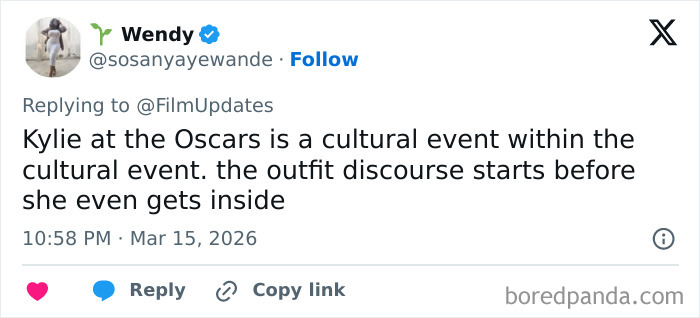 Tweet discussing Kylie Jenner’s Oscars outfit and the public backlash over its perceived inappropriate style. Tweet discussing Kylie Jenner’s Oscars outfit and the public backlash over its perceived inappropriate style.