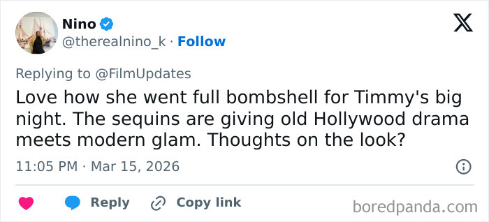 Tweet discussing Kylie Jenner’s Oscars outfit, describing sequins and Hollywood drama in her controversial style. Tweet discussing Kylie Jenner’s Oscars outfit, describing sequins and Hollywood drama in her controversial style.