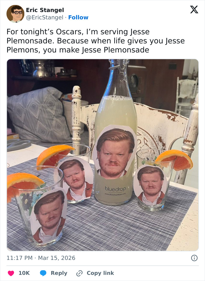 Oscar memes showing a bottle and glasses with a man's face and orange slices, capturing hilarious viewer reactions.