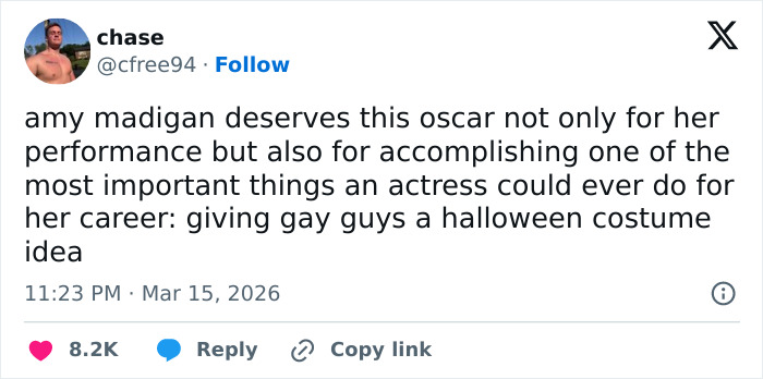 Tweet praising Amy Madigan’s Oscar-worthy performance, shared as part of popular Oscars memes capturing viewer reactions.