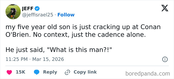 Tweet from a parent sharing a funny moment with their five-year-old son laughing at Conan O’Brien’s cadence.