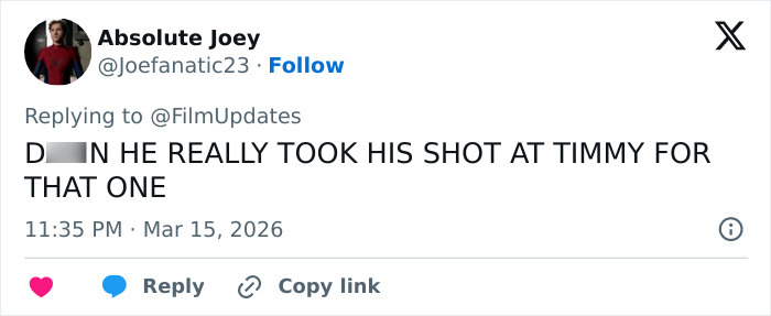 Tweet reacting to Conan O’Brien backlash over awkward b*m drum joke at Timothée Chalamet during Oscars 2026 monologue. Tweet reacting to Conan O’Brien backlash over awkward b*m drum joke at Timothée Chalamet during Oscars 2026 monologue.