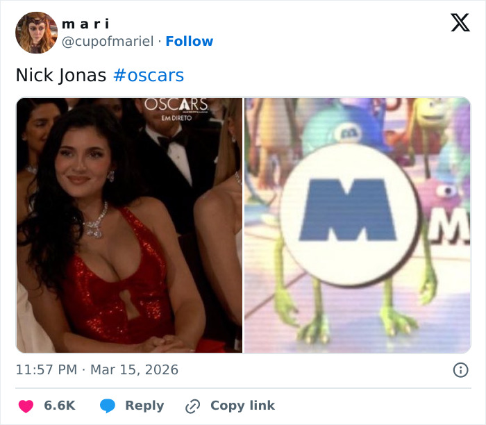 Two-panel Oscars meme showing a woman in a red dress on the left and a Monsters Inc character holding an M logo on the right, highlighting Oscars memes.
