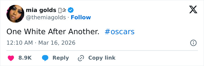Tweet from user mia golds referencing Oscars with the hashtag, highlighting viewer reactions to the event.