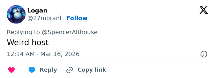 User profile image of an animated blue bird next to a tweet calling Conan O’Brien a weird host during Oscars 2026 backlash. User profile image of an animated blue bird next to a tweet calling Conan O’Brien a weird host during Oscars 2026 backlash.