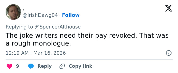 Tweet criticizing Conan O’Brien’s awkward b*m drum joke about Timothée Chalamet during Oscars 2026 monologue backlash. Tweet criticizing Conan O’Brien’s awkward b*m drum joke about Timothée Chalamet during Oscars 2026 monologue backlash.