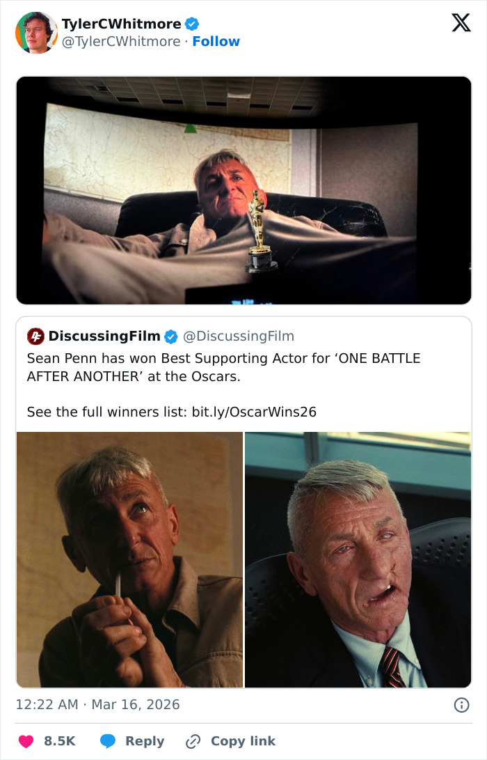 Sean Penn holding an Oscar with scenes from ONE BATTLE AFTER ANOTHER, highlighting Oscars memes and viewers' reactions.