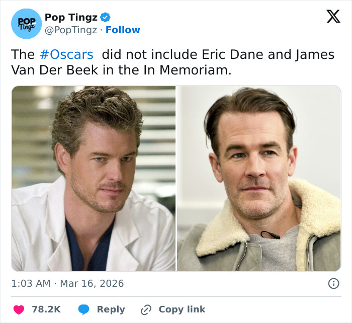 Side-by-side photos of Eric Dane portraying a doctor and Eric Dane in casual clothing, linked to Oscars In Memoriam debate.