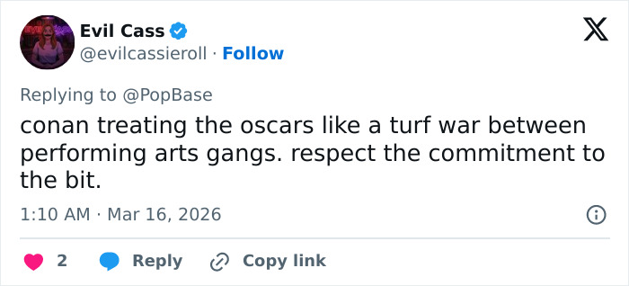 Tweet by Evil Cass discussing Conan O’Brien’s awkward b*m joke about Timothée Chalamet during Oscars 2026 monologue. Tweet by Evil Cass discussing Conan O’Brien’s awkward b*m joke about Timothée Chalamet during Oscars 2026 monologue.