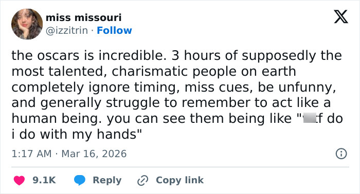 Tweet criticizing the Oscars ceremony's timing and awkward moments, highlighting viewer reactions and Oscars memes humor.