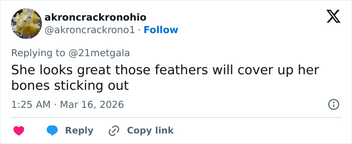 Twitter reply criticizing Demi Moore&rsquo;s Oscars look, calling it scary and mentioning exposed bones beneath feathers.