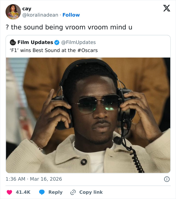 Man wearing headphones and sunglasses reacts humorously to F1 winning Best Sound at the Oscars in a popular meme format.