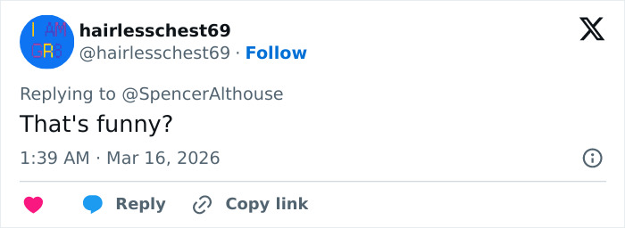Tweet from user hairlesschest69 reacting with skepticism to Conan O’Brien’s awkward b*m joke about Timothée Chalamet during Oscars 2026 monologue. Tweet from user hairlesschest69 reacting with skepticism to Conan O’Brien’s awkward b*m joke about Timothée Chalamet during Oscars 2026 monologue.
