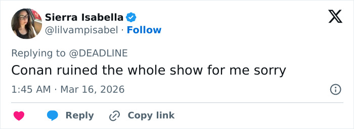Screenshot of a tweet criticizing Conan O’Brien’s awkward b*m drum joke about Timothée Chalamet during Oscars 2026 monologue. Screenshot of a tweet criticizing Conan O’Brien’s awkward b*m drum joke about Timothée Chalamet during Oscars 2026 monologue.