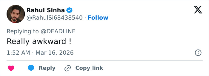 User Rahul Sinha replying awkwardly to Deadline’s post about Conan O’Brien’s b*m drum joke at Timothée Chalamet during Oscars 2026. User Rahul Sinha replying awkwardly to Deadline’s post about Conan O’Brien’s b*m drum joke at Timothée Chalamet during Oscars 2026.