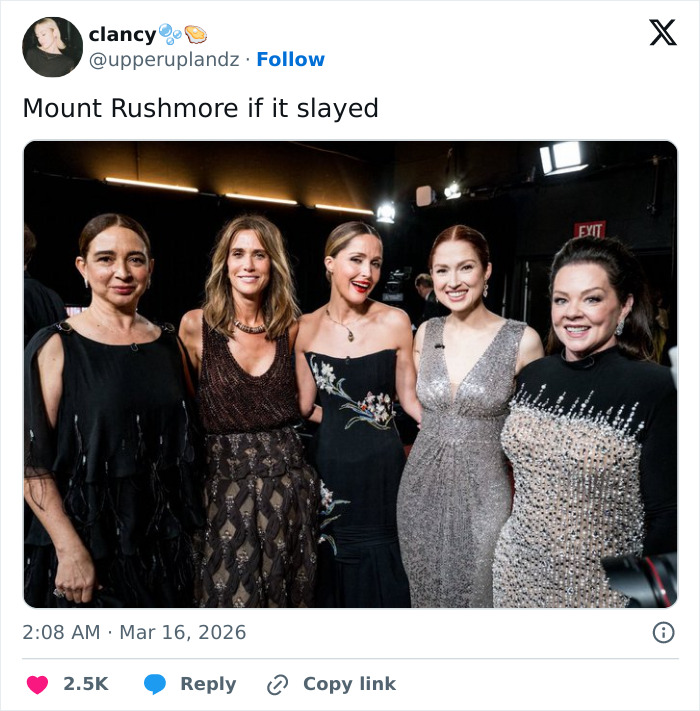 Five women dressed elegantly pose together at an event, capturing a moment of Oscars memes and hilarious viewer reactions.