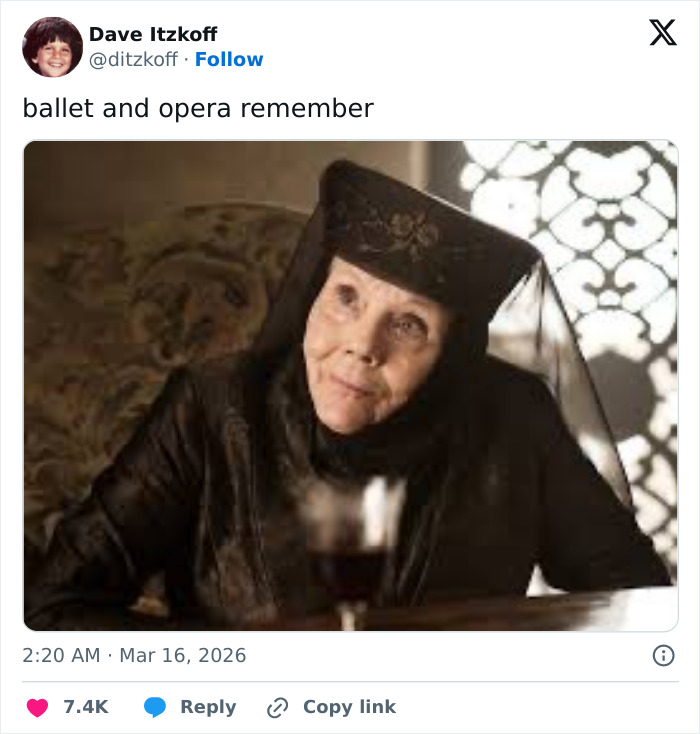 Older woman in period costume with a veil sitting at a table, a meme referencing Oscars viewers' reactions and losing jokes.