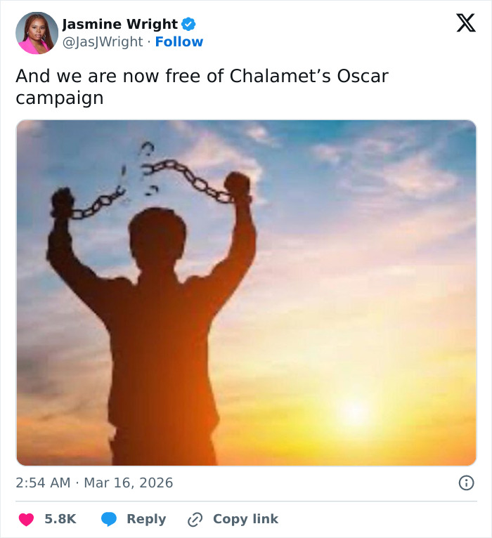 Silhouette breaking free from chains at sunset, symbolizing relief and freedom relating to Oscars memes and viewer reactions.