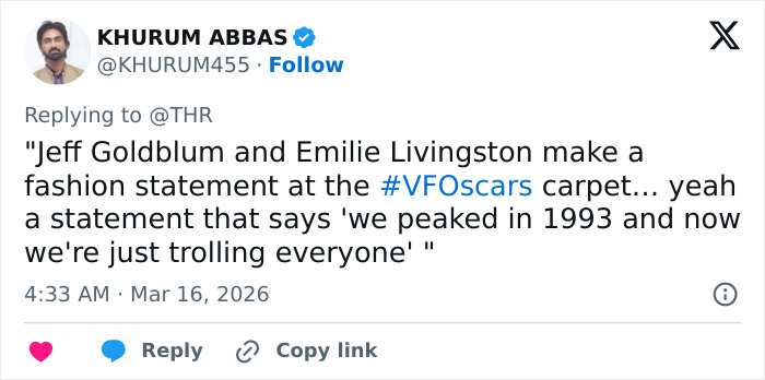 Jeff Goldblum&rsquo;s wife Emilie Livingston stuns with a bold pantsless look at the Oscars afterparty event.