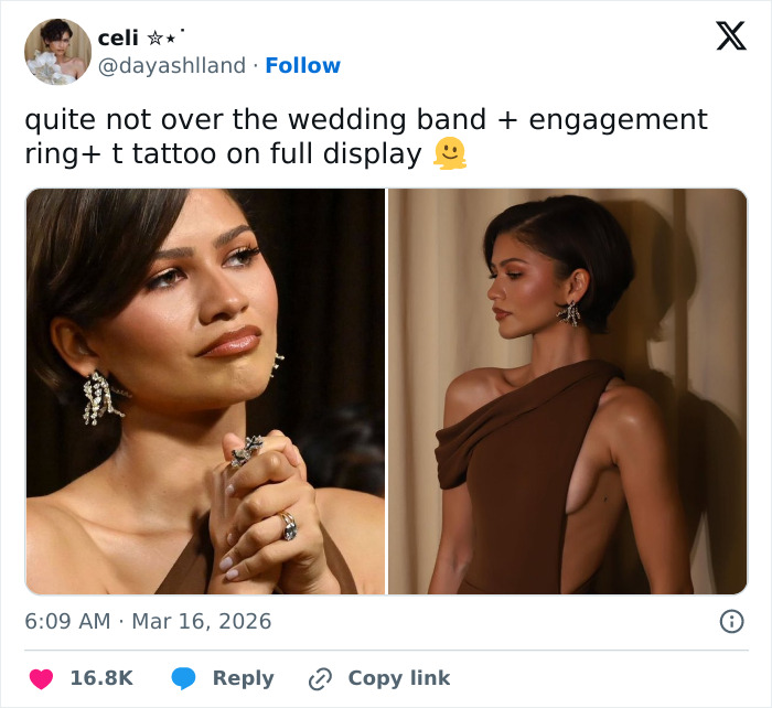 Zendaya showcasing wedding band and engagement ring, addressing Tom Holland marriage rumors with real footage shared.