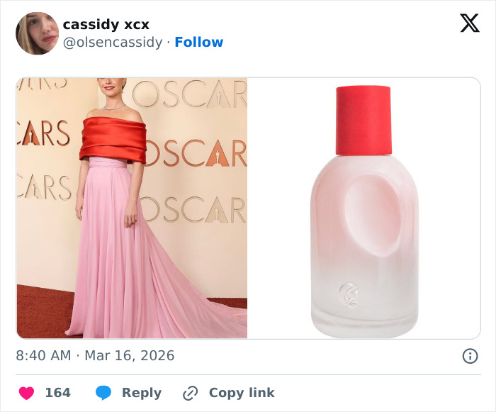Split image showing a woman in a red and pink gown on the Oscars red carpet and a frosted glass bottle with a red cap.